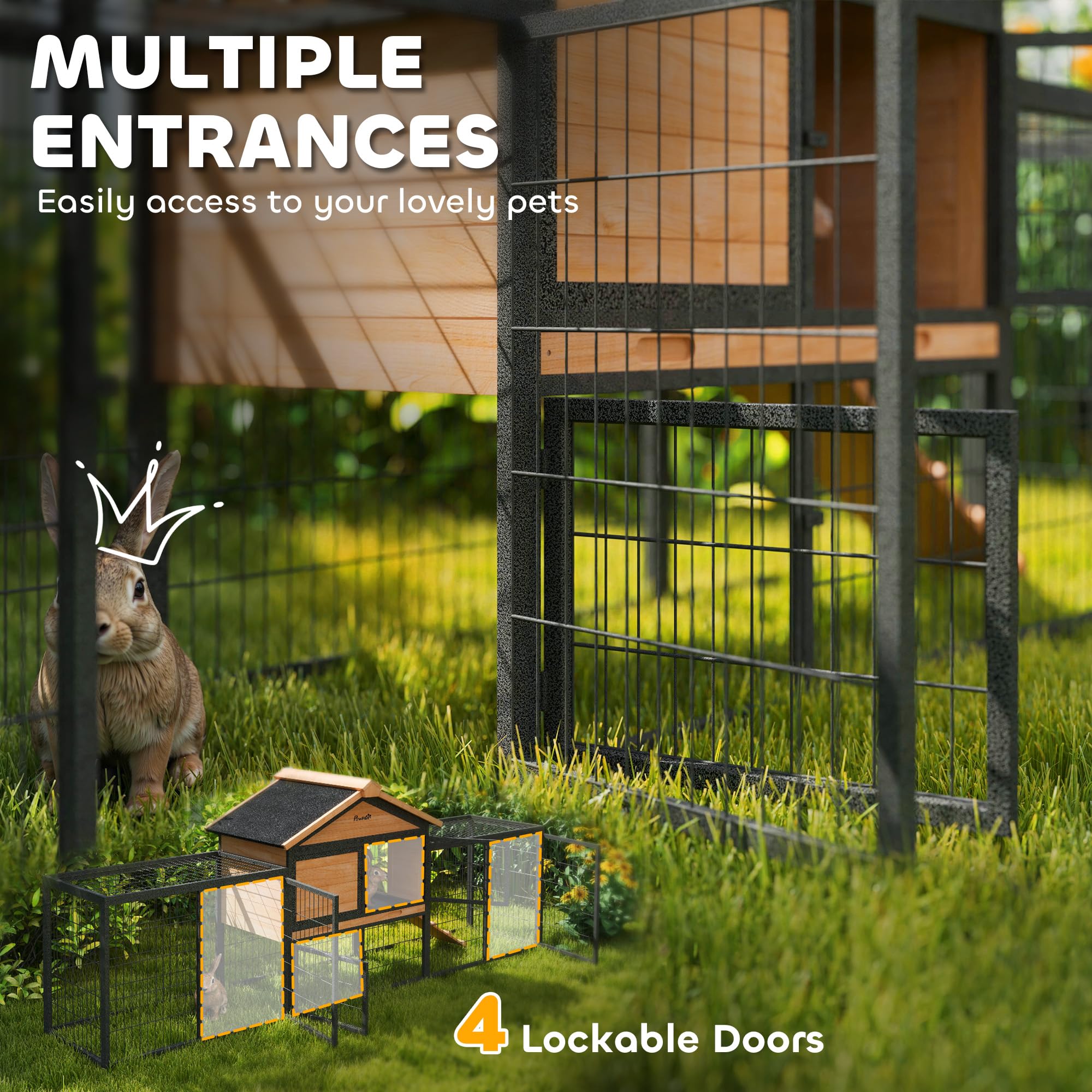 Pawhut Rabbit Hutch Outdoor, 85'' Large Wooden Bunny Cage With Steel Run, Removable No Leakage Tray, Waterproof Roof, Ramp, Meta